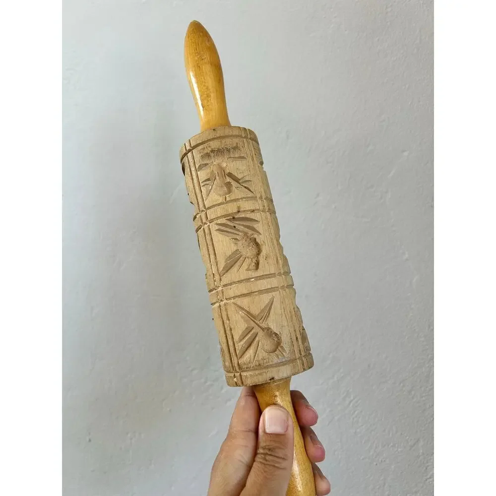 Vintage Carved Wood Springerle Rolling Pin | Farmhouse Baking Decor